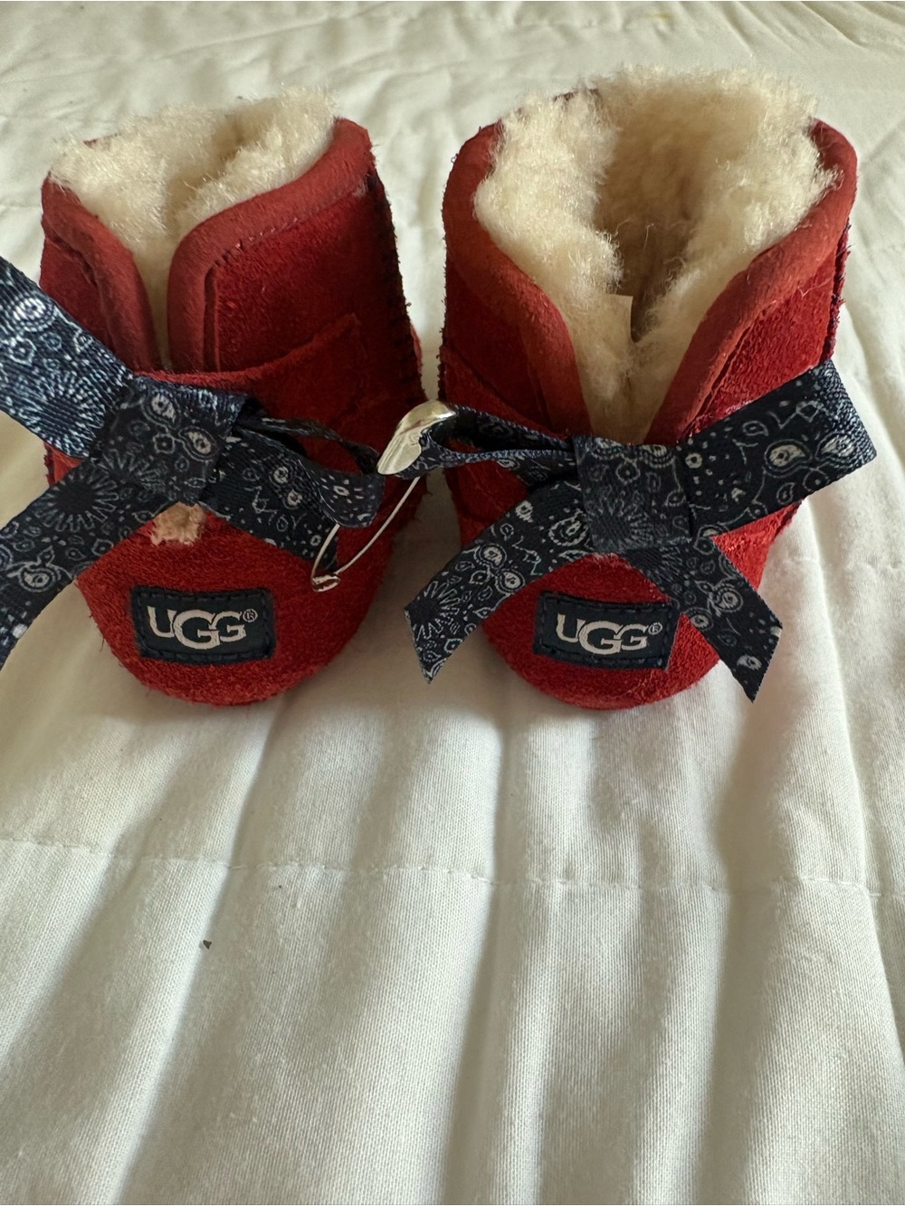UGG Kids Red Suede Shearling Booties with Navy Bow